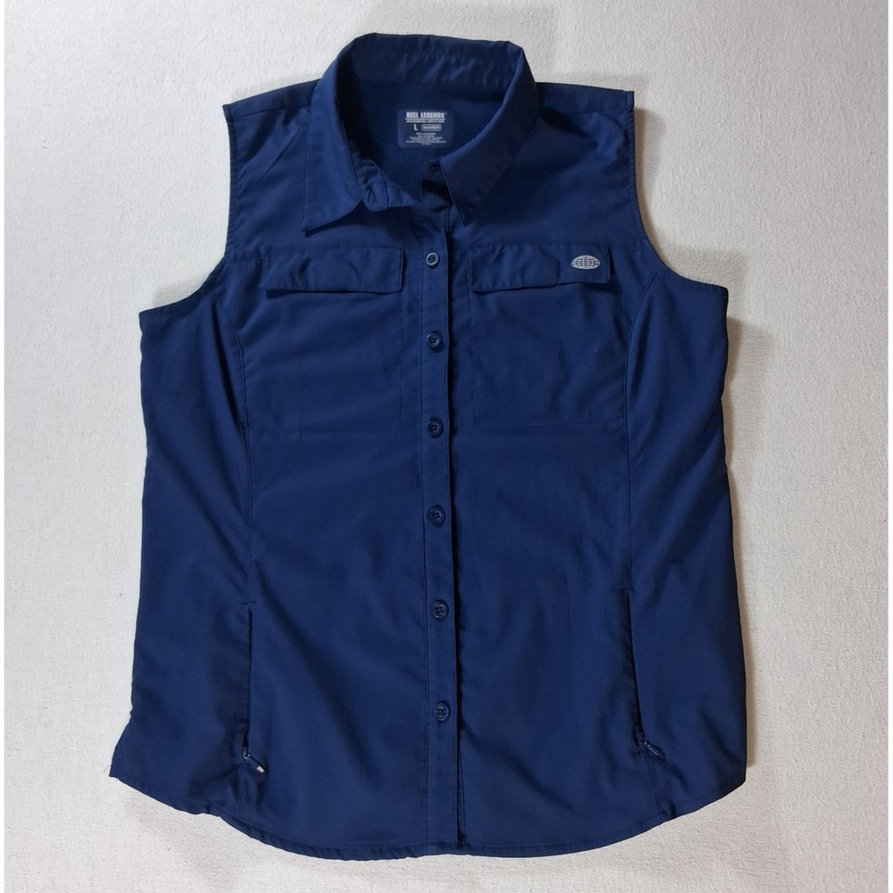 Reel Legends Mariner Sleeveless Vest Women L Blue Performance Fishing Shirt